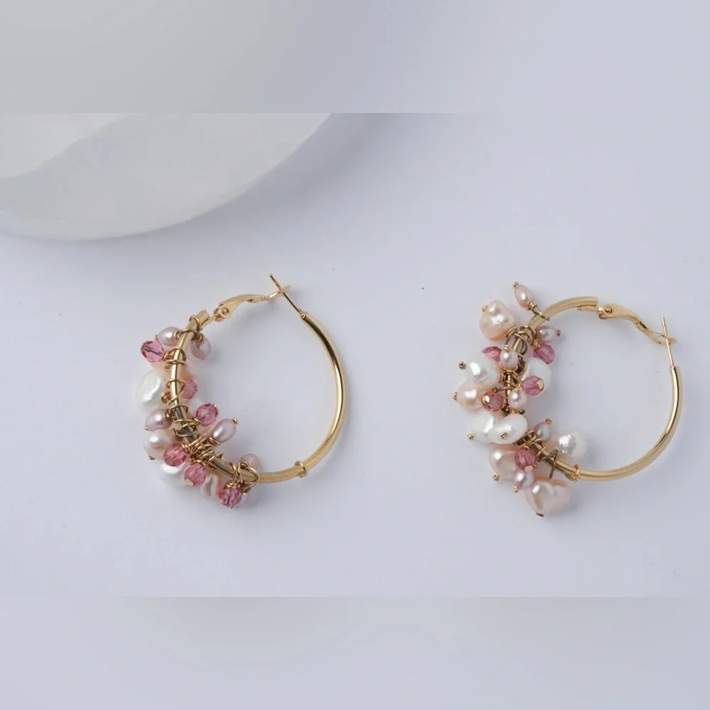 Earrings with Freshwater Pearls and Pink Tourmaline Gold plated B5